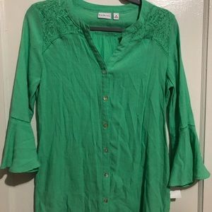 Kim Rogers blouse, size m, Lime green color, dressy w/ flare sleeves.